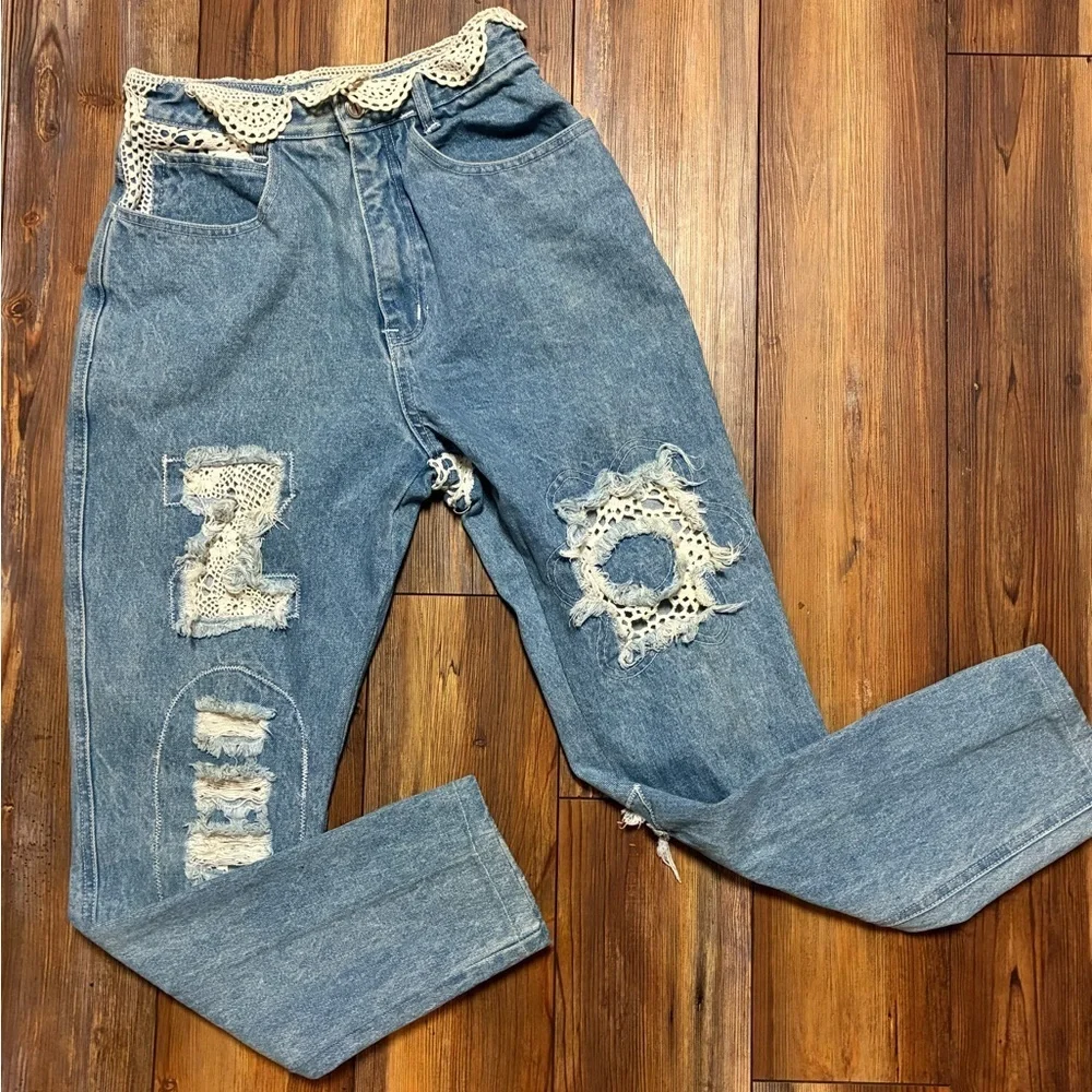 Vintage 90s Zip Code High Waist Lace Patchwork Jeans Size 9/10 Boho Chic - Picture 14 of 16